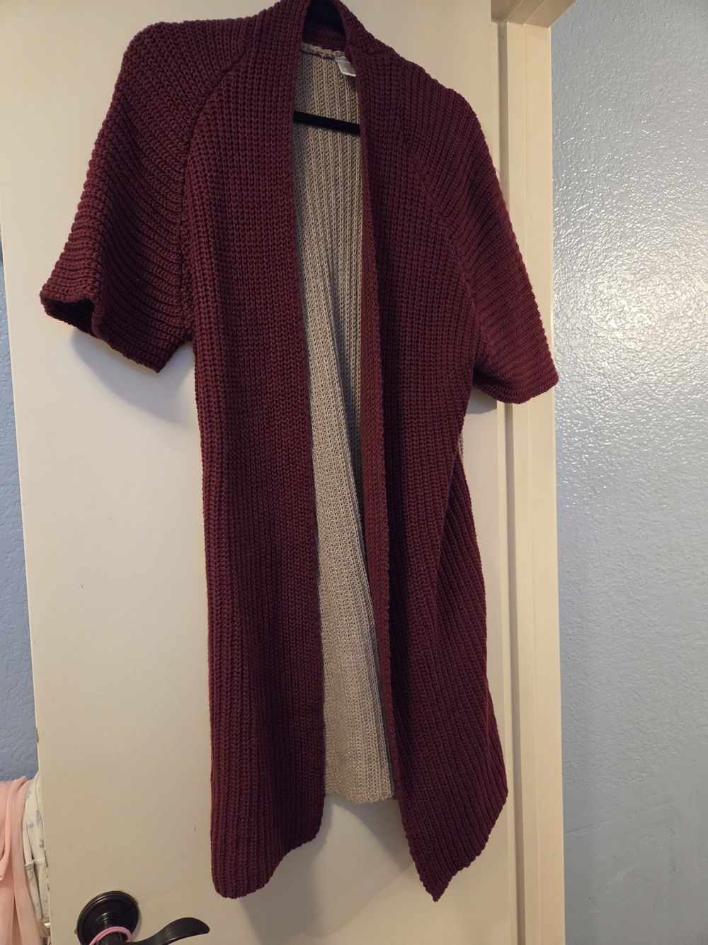 Womens Burgundy Open-Front Knit Sweater Cardigan